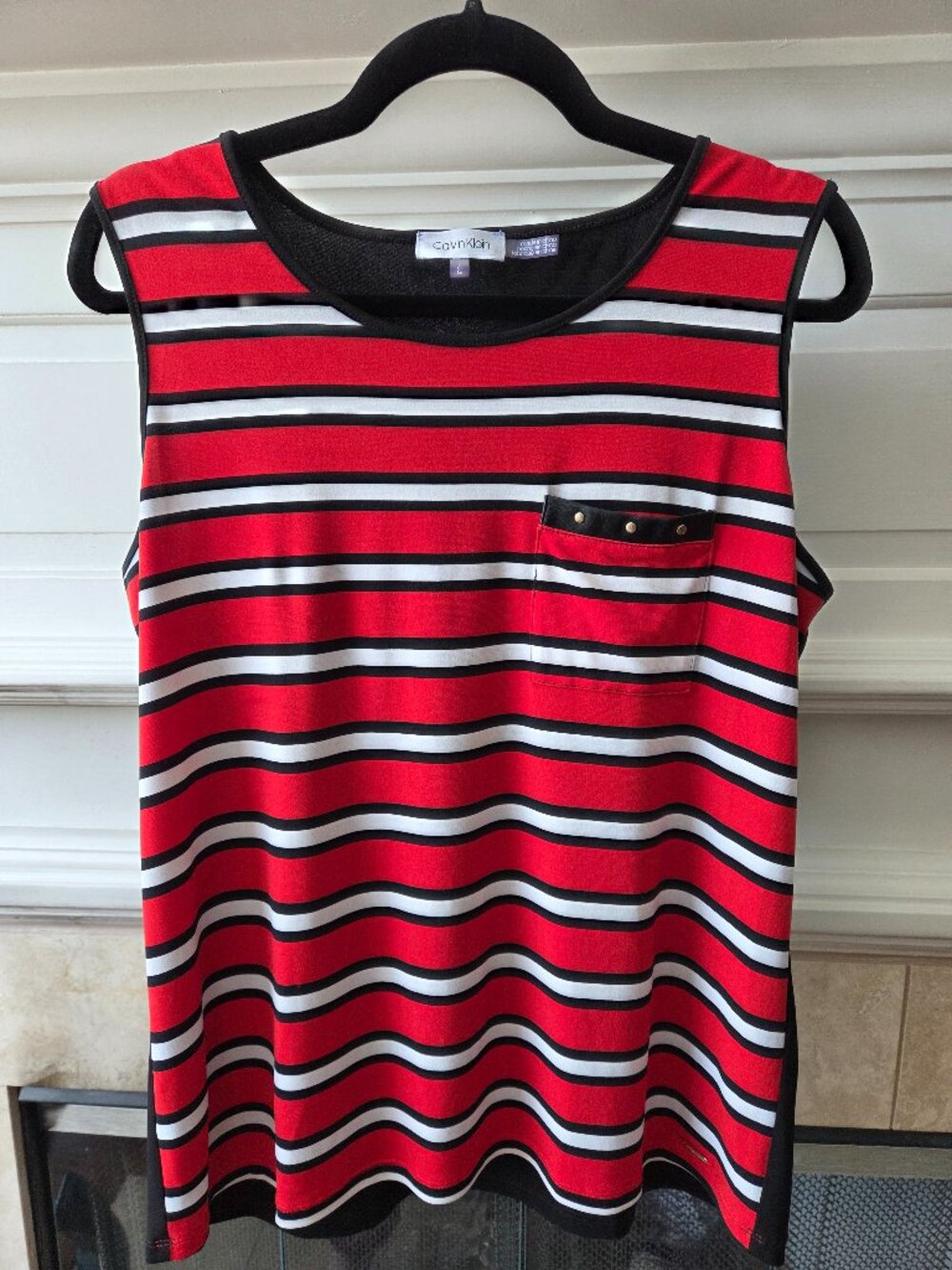 Calvin Klein Striped Sleeveless Top Studded Pocket Red Black White Size L